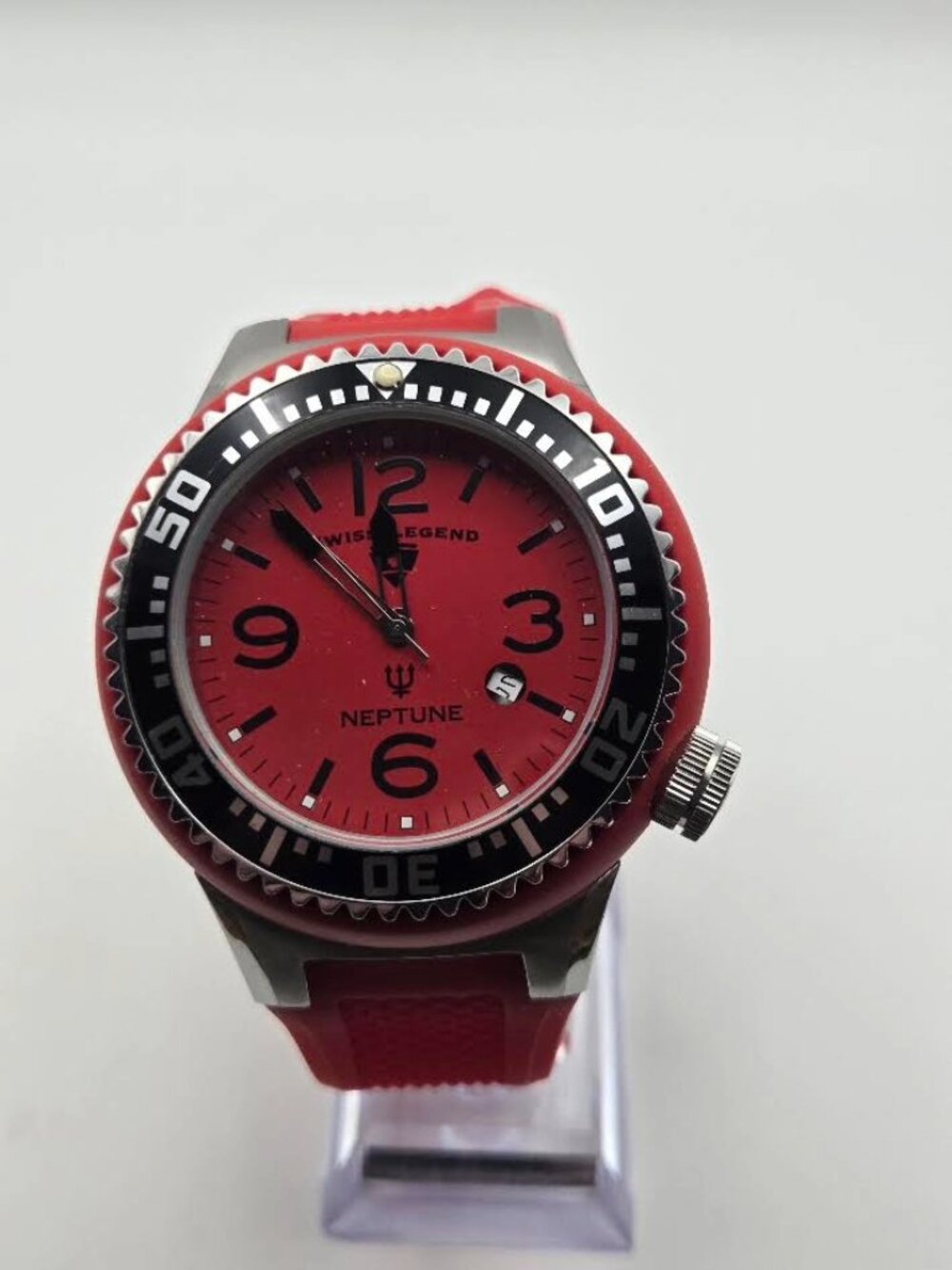Swiss Legend Neptune 52mm Red & Black Bezel Watch, New Battery, NOS